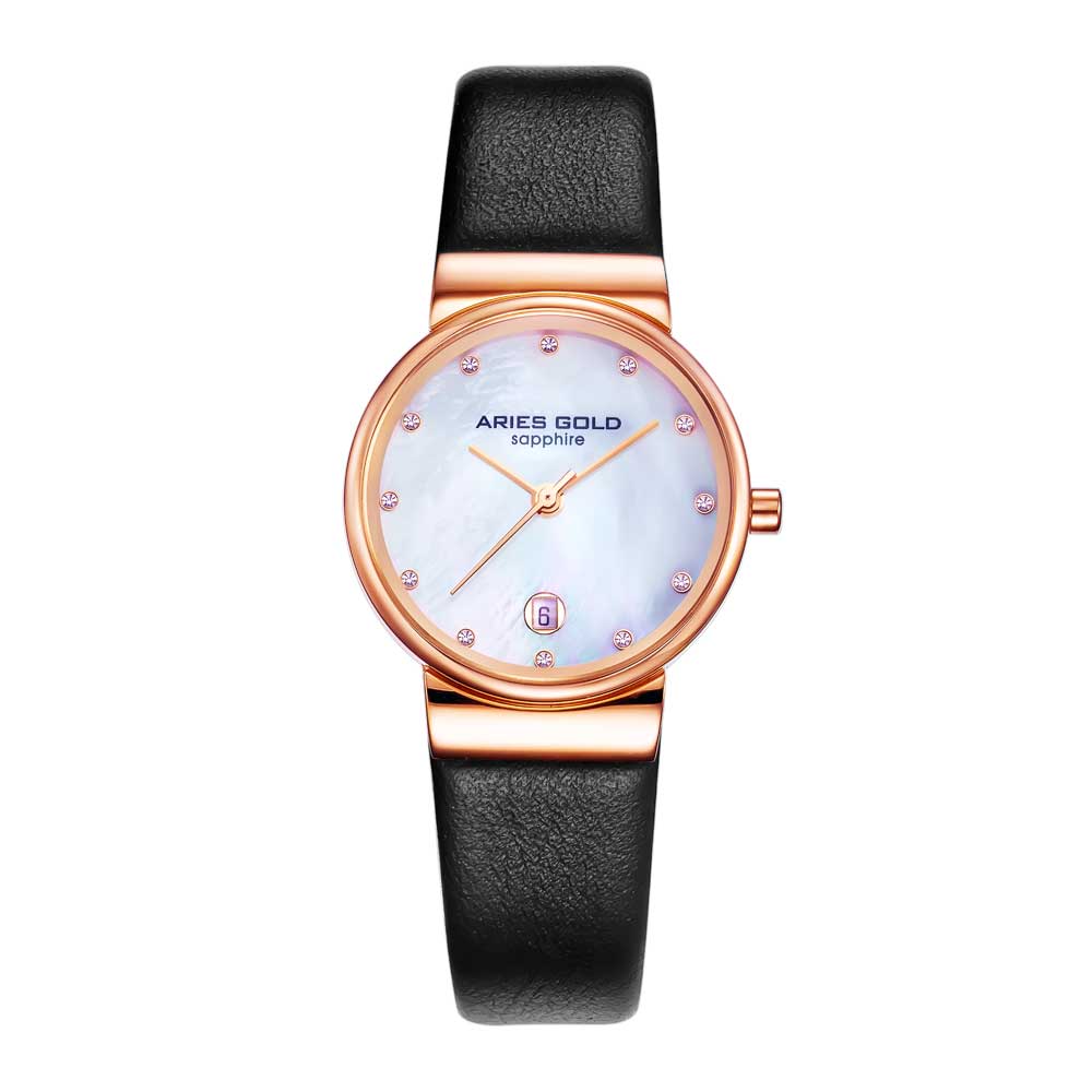 ARIES GOLD ENCHANT CAMILLE ROSE GOLD STAINLESS STEEL L 5002 RG-MOP-L BLACK LEATHER STRAP WOMEN'S WATCH
